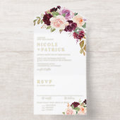 Watercolor Burgundy and Peach Flowers Fall Wedding オールインワン招待状 (内側)