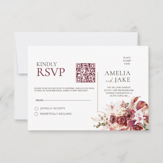 Watercolor Burgundy Blush Gold QR Wedding RSVP (正面)