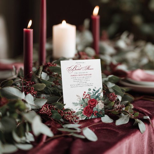 Watercolor Burgundy & Blush Roses  Bridal Shower 招待状