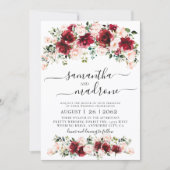 Watercolor Burgundy Blush Roses Photo Wedding 招待状 (正面)