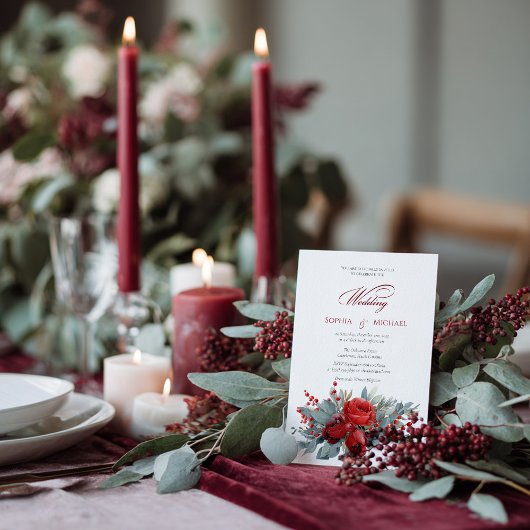 Watercolor Burgundy & Blush Roses Wedding 招待状