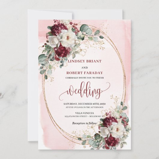 Watercolor Burgundy Blush Wedding Invitation Suite 招待状 (正面)