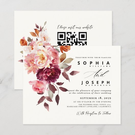 watercolor Burgundy Bouquet Floral Wedding (正面/裏面)