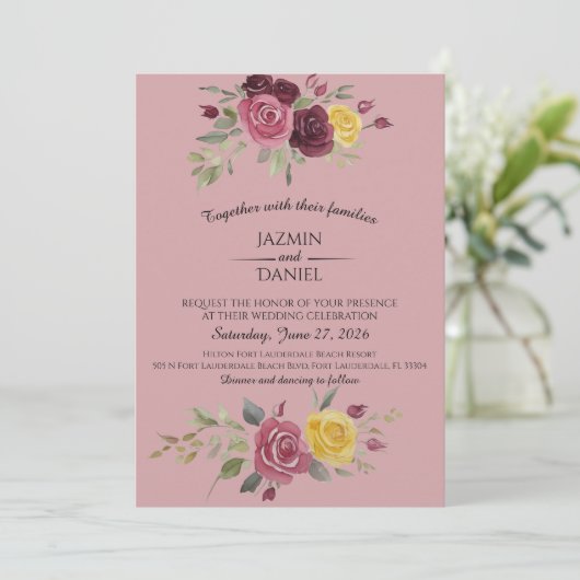  Watercolor Burgundy Country Roses Pink 招待状 (スタンド正面)