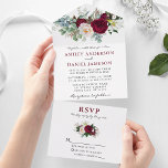 Watercolor Burgundy Floral Greenery Wedding オールインワン招待状<br><div class="desc">Modern Elegant Watercolor Burgundy Floral Greenery Wedding All in One Invitation with RSVP Card includes peonies,  eucalyptus leaves and other beautiful greenery. Burgundy and Black Text.</div>