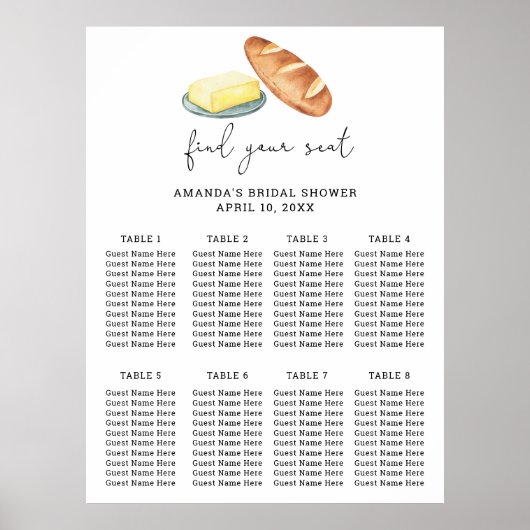 Watercolor Butter Together Bridal - Seating Chart ポスター (正面)