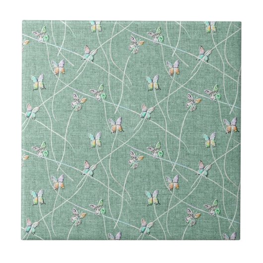 Watercolor Butterflies on Mint Green タイル (正面)