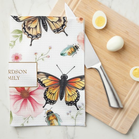 Watercolor butterflies windflowers monogram name キッチンタオル (四つ折り)