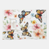 Watercolor butterflies windflowers monogram name キッチンタオル (横)