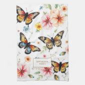Watercolor butterflies windflowers monogram name キッチンタオル (縦)