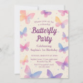 Watercolor Butterfly 1st Birthday Party 招待状 (正面)