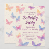Watercolor Butterfly 1st Birthday Party 招待状 (正面/裏面)