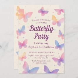 Watercolor Butterfly 1st Birthday Party 招待状