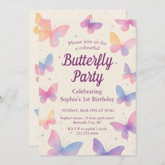 Watercolor Butterfly 1st Birthday Party 招待状 (正面/裏面)