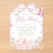 Watercolor Butterfly Baby Shower Girl Pink Flower アクリル招待状 (正面)