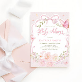 Watercolor Butterfly Baby Shower Girl Pink Flower 招待状