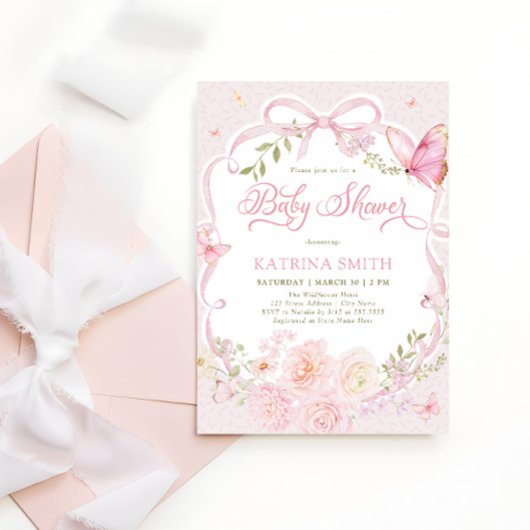 Watercolor Butterfly Baby Shower Girl Pink Flower 招待状