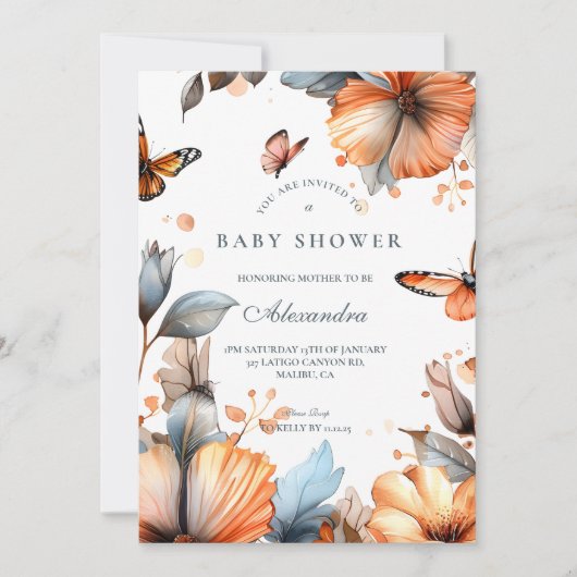 Watercolor Butterfly Bloom Baby Shower 招待状 (正面)