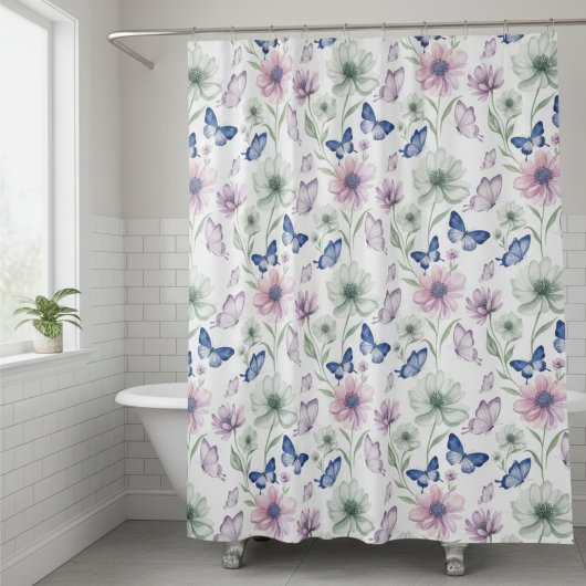 Watercolor Butterfly & Floral Shower Curtain シャワーカーテン