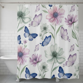 Watercolor Butterfly & Floral Shower Curtain シャワーカーテン