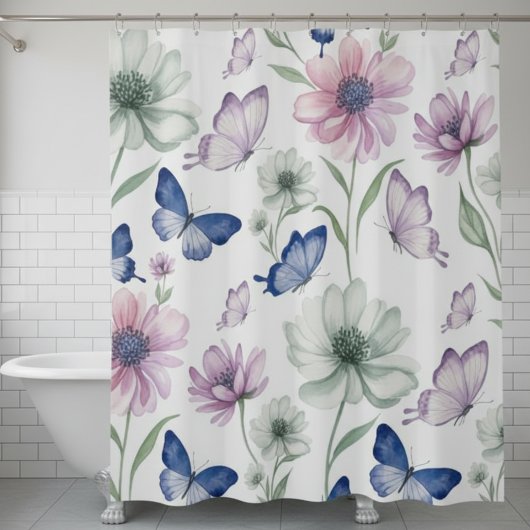 Watercolor Butterfly & Floral Shower Curtain シャワーカーテン