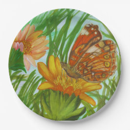 Watercolor Butterfly flower garden ペーパープレート