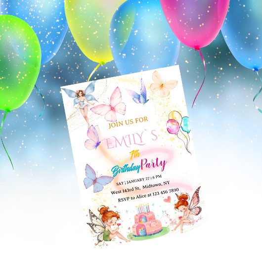 Watercolor Butterfly Magical Fairy Birthday 招待状