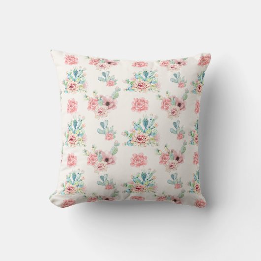 Watercolor Cacti Bloom Cushion 16×16 クッション (正面)