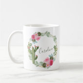 Watercolor Cactus Pink Floral Wreath Personalized  コーヒーマグカップ (左)