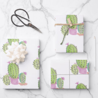 Watercolor Cactus Plant Green Pink ラッピングペーパーシート