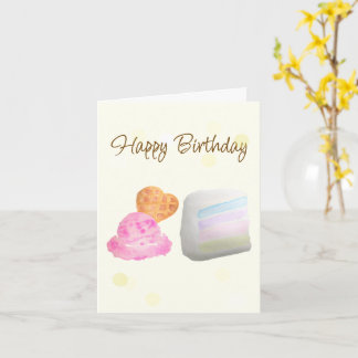 Watercolor Cake Slice and Ice Cream Birthday Card カード