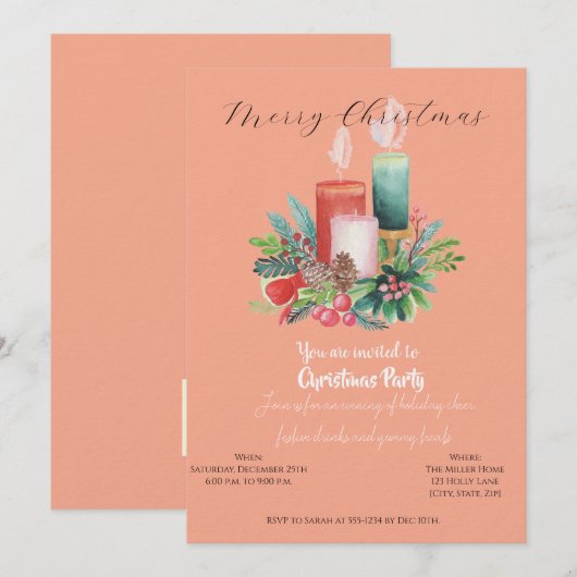 Watercolor Candlelight Christmas invitation Card 招待状 (正面/裏面)