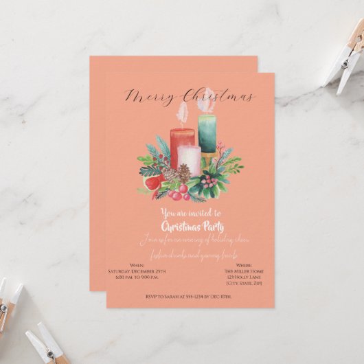 Watercolor Candlelight Christmas invitation Card 招待状 (正面/裏面インサイチュ)