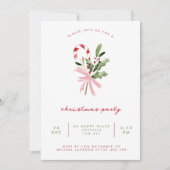 Watercolor Candy Cane Holly & Bow Christmas Party 招待状 (正面)