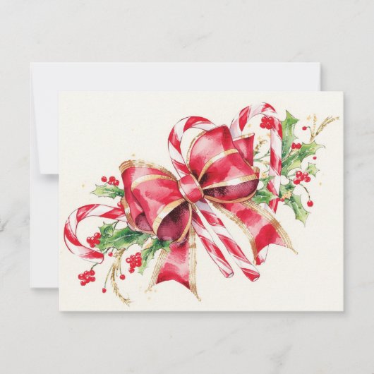 Watercolor Candy Cane Red Bow Holly シーズンカード (正面)