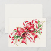 Watercolor Candy Cane Red Bow Holly シーズンカード (正面/裏面)