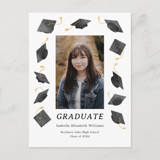 Watercolor Caps Graduation Party Invitation ポストカード (正面)