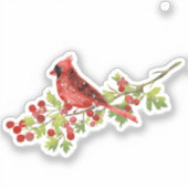 Watercolor Cardinal Bird on Berry Branch  シール (正面)