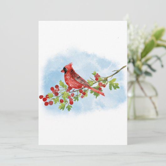 Watercolor Cardinal Bird on Berry Branch 招待状 (スタンド正面)