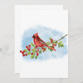 Watercolor Cardinal Bird on Berry Branch 招待状 (正面/裏面)