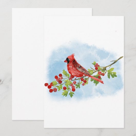 Watercolor Cardinal Bird on Berry Branch 招待状 (正面/裏面)