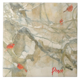 Watercolor Cardinals in the Snow タイル