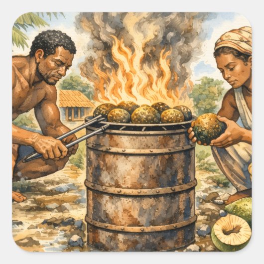 Watercolor Caribbean Breadfruit Scene スクエアシール (正面)