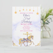 Watercolor Carousel Horse Pink Gold Birthday 招待状 (スタンド正面)