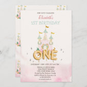 Watercolor Castle Flowers One 1st Birthday  招待状 (正面/裏面)