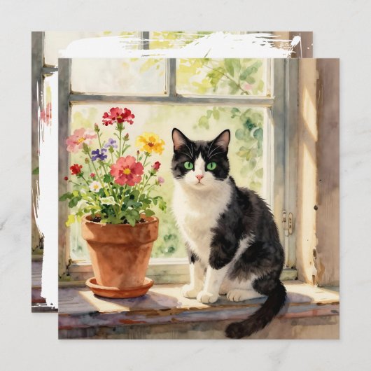 Watercolor Cat and Flower Themed Blank (正面/裏面)