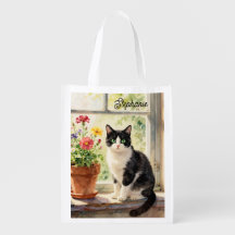 Watercolor Cat and Flowers on Window Sill  