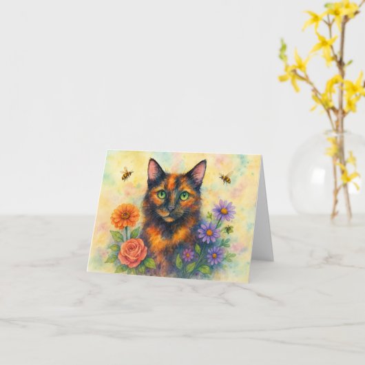 Watercolor cat with flowers カード (黄色い花)