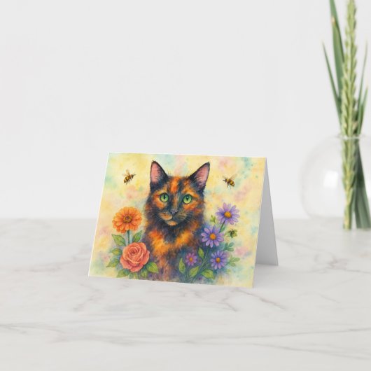 Watercolor cat with flowers カード (正面)