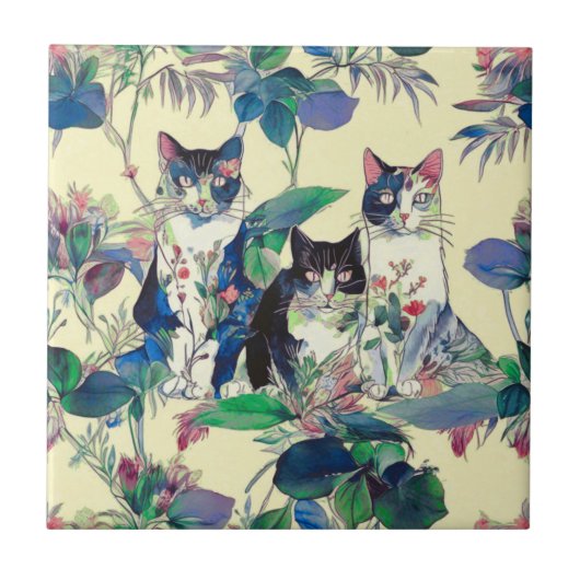 Watercolor Cats in a Garden タイル (正面)
